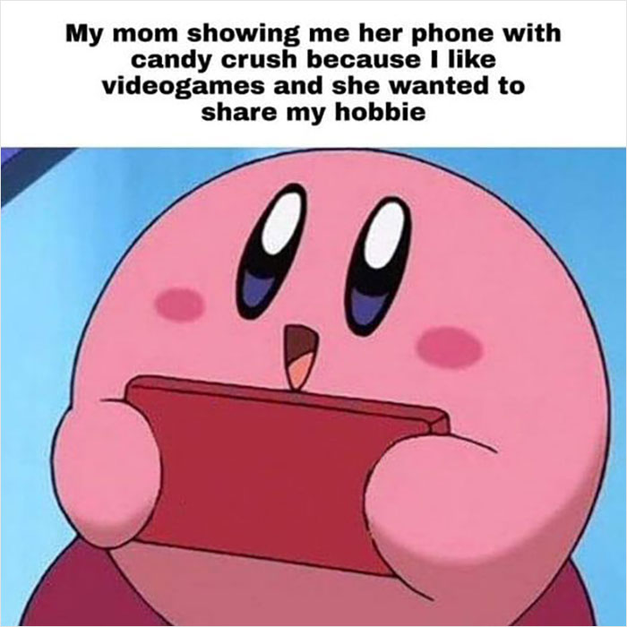 Cartoon character holding a phone, depicting wholesome memes about sharing gaming interests with family.
