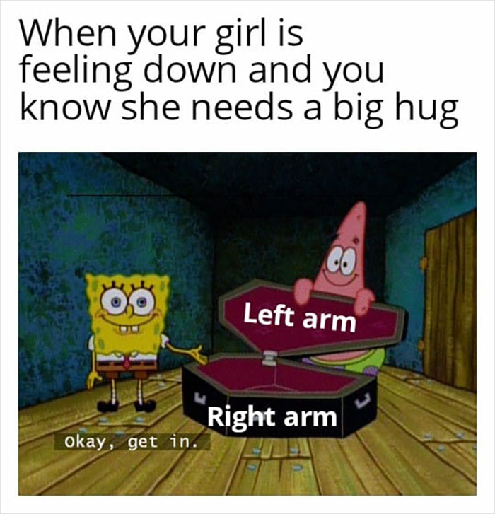 SpongeBob and Patrick humorously prepare for a hug, illustrating wholesome memes.
