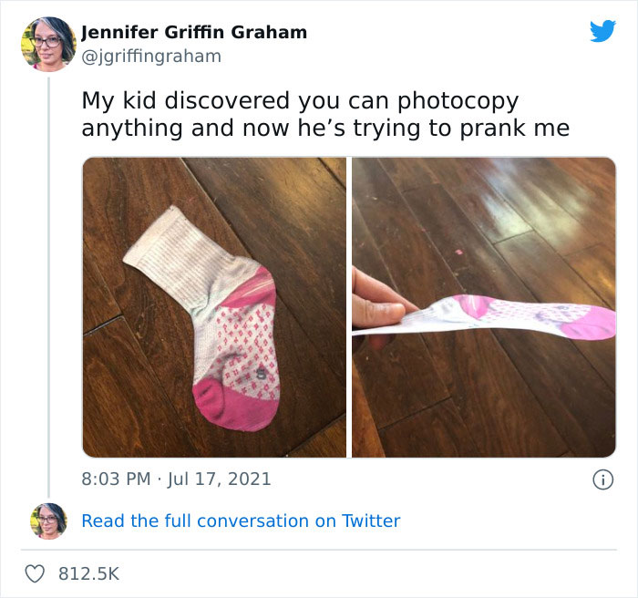 Wholesome post of a child photocopying a pink sock as a prank, showcasing playful creativity.