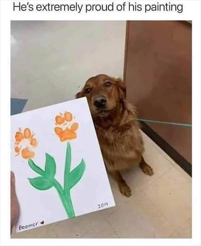 Dog proudly poses with a painting of orange paw print flowers, showcasing wholesome creativity and positivity.