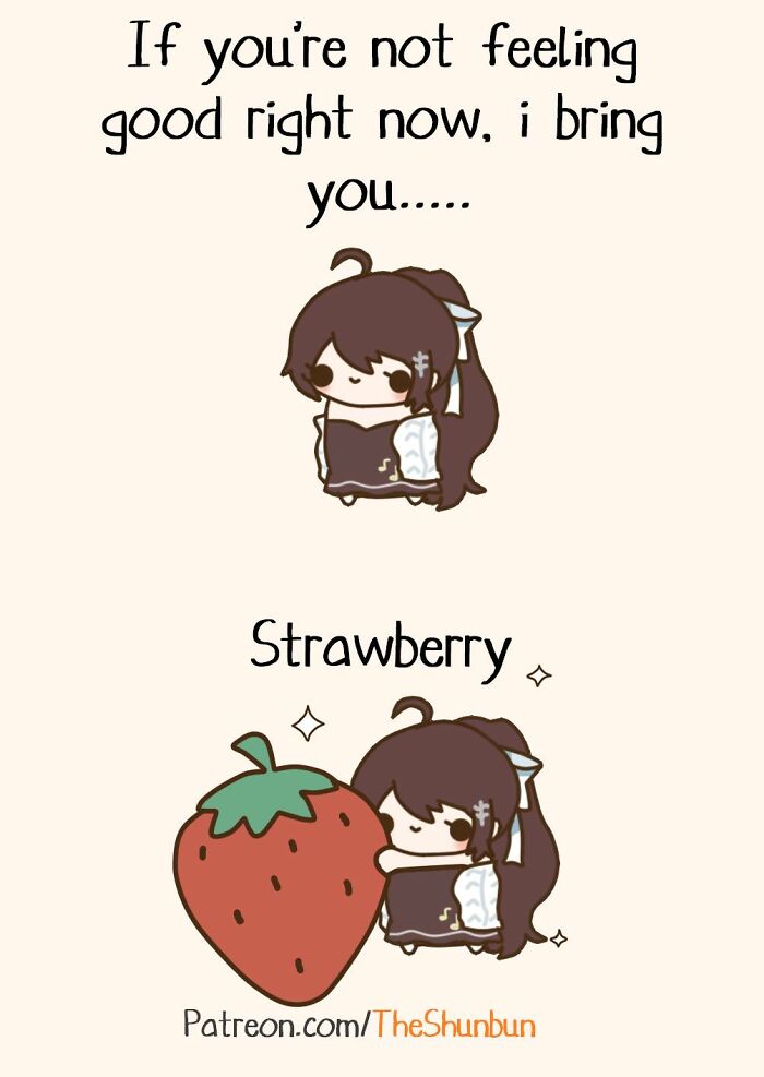 Cute character offering a strawberry with a comforting message, from a wholesome memes collection.