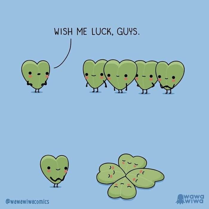 Cute cartoon leaf saying "Wish me luck, guys," with other leaves forming a four-leaf clover for wholesome vibes.