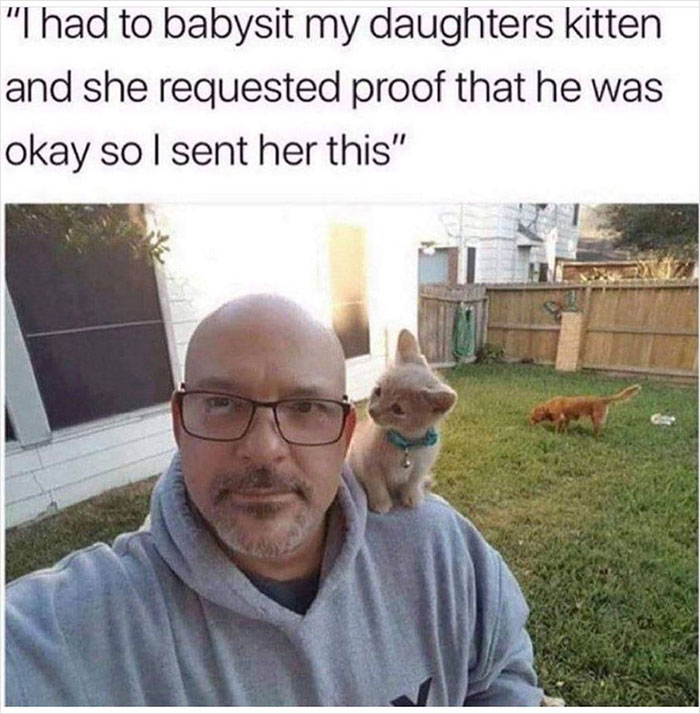 Man smiling with a kitten on his shoulder, creating a wholesome meme in a backyard setting.