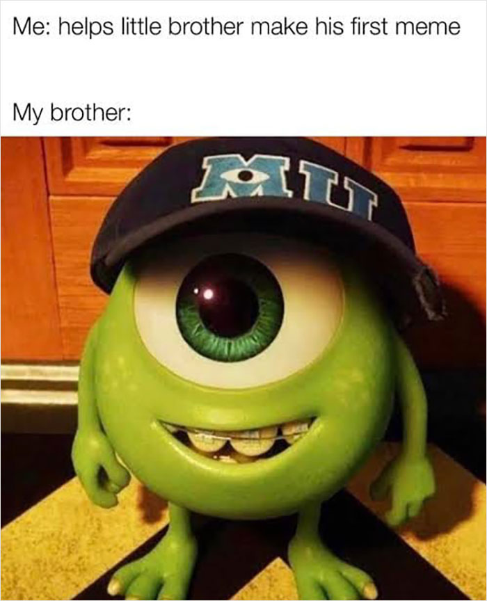 Green cartoon character wearing a cap with text about helping a little brother make his first wholesome meme.