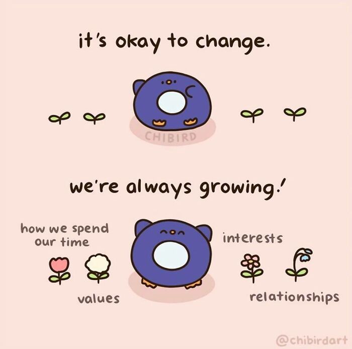 Wholesome cartoon character embracing change and growth with plants representing time, values, interests, and relationships.