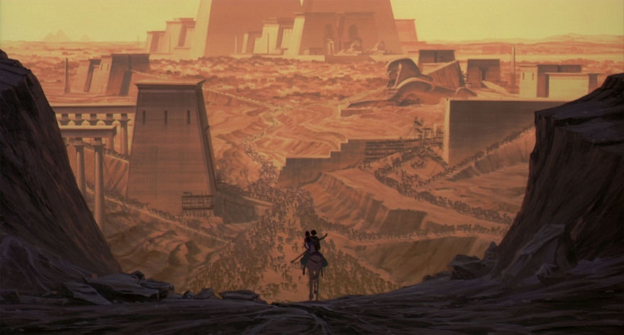 Two persons on a horse in front of the city