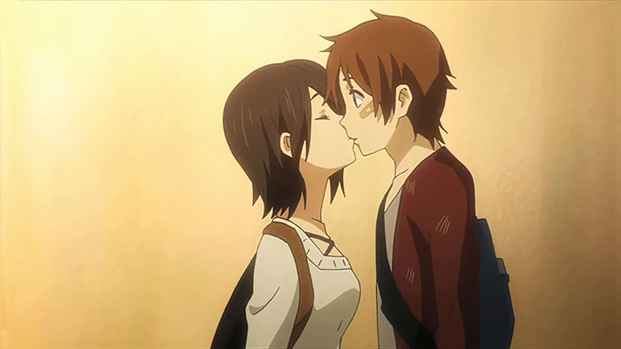 Cute anime couple sharing a gentle kiss against a soft background.