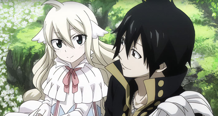 Cute anime couple sitting together in a garden, smiling at each other.