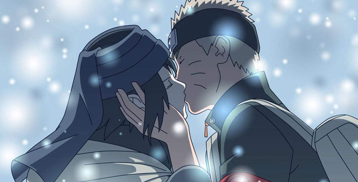 Two anime characters in a tender moment, evoking the cutest anime couples theme, with a snowy background.