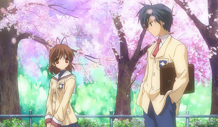 Anime couple standing under cherry blossom trees in school uniforms, depicting a tender moment.