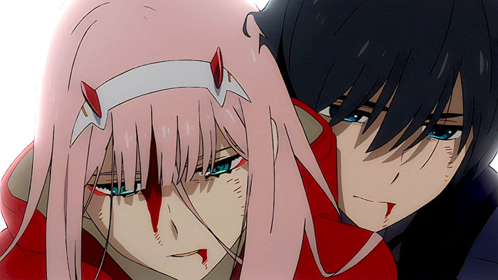 Anime couple embracing, both with slight injuries, looking emotional and intense.