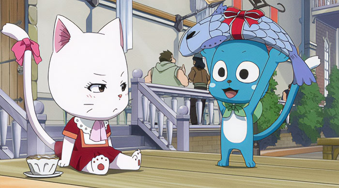 Cute anime couple with a white cat and blue creature sitting together, the blue one holding a fish with a bow on its head.
