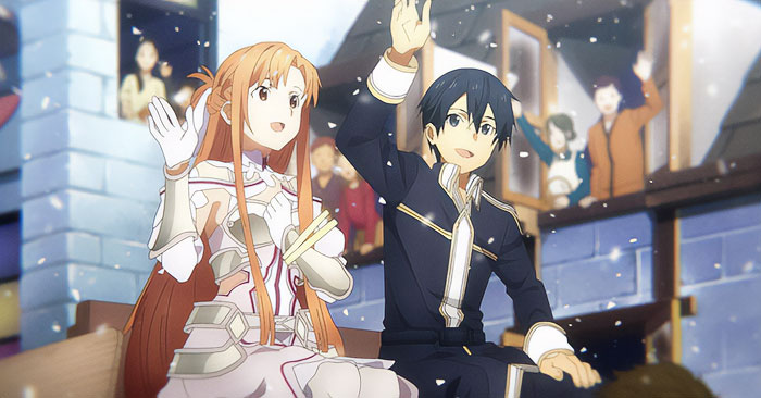 Anime couple waving, sitting outside with others in the background, illustrating one of the cutest anime couples.