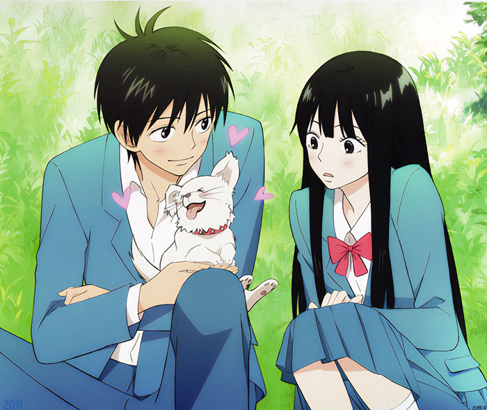 Anime couple sitting together with a small white dog, surrounded by hearts, in a lush green setting.
