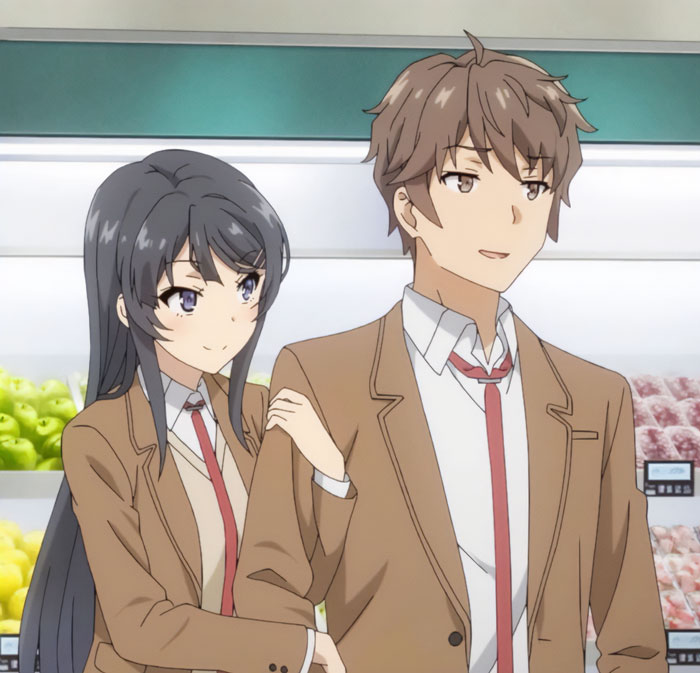 Anime couple in school uniforms, girl holding boy's arm, standing in a store.
