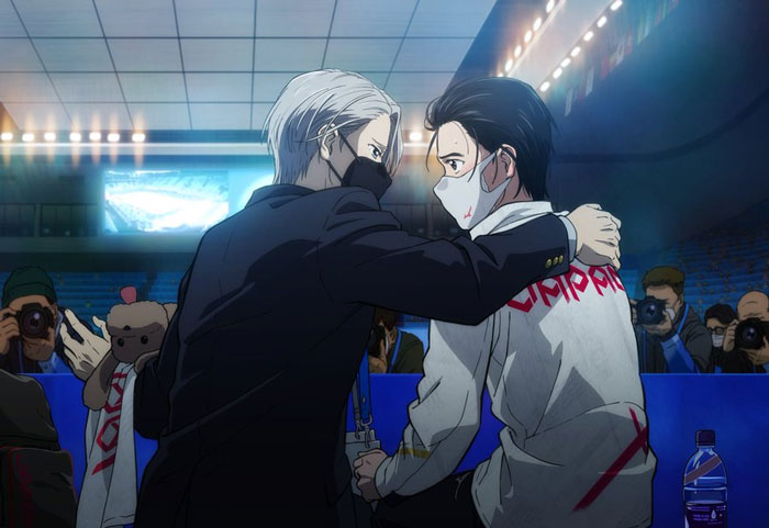 Two of the cutest anime couples interact at an ice skating event, surrounded by photographers.