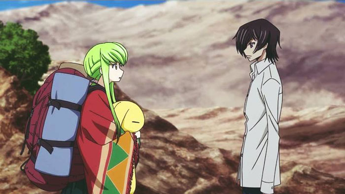 Anime couple standing outdoors, girl with green hair and boy in a white shirt, surrounded by mountains.