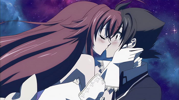 Anime couple sharing a romantic kiss in a starry background.