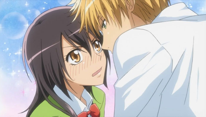 Anime couple sharing a tender moment with blushing expressions, emphasizing their cute connection.