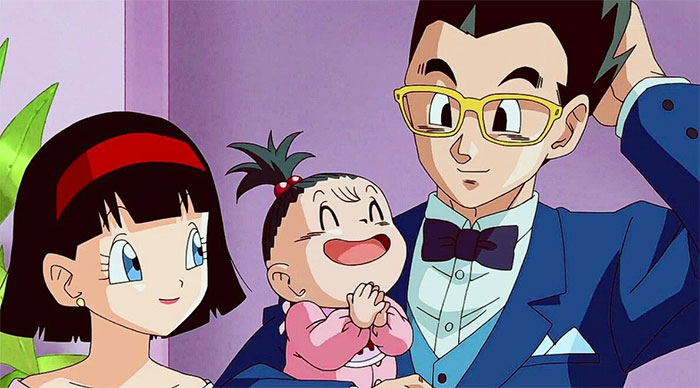 Anime couple smiling with their baby in a heartwarming moment.