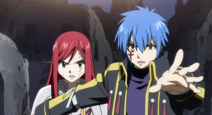 Anime couple with blue-haired male and red-haired female, standing in a protective pose, in a dramatic rocky setting.