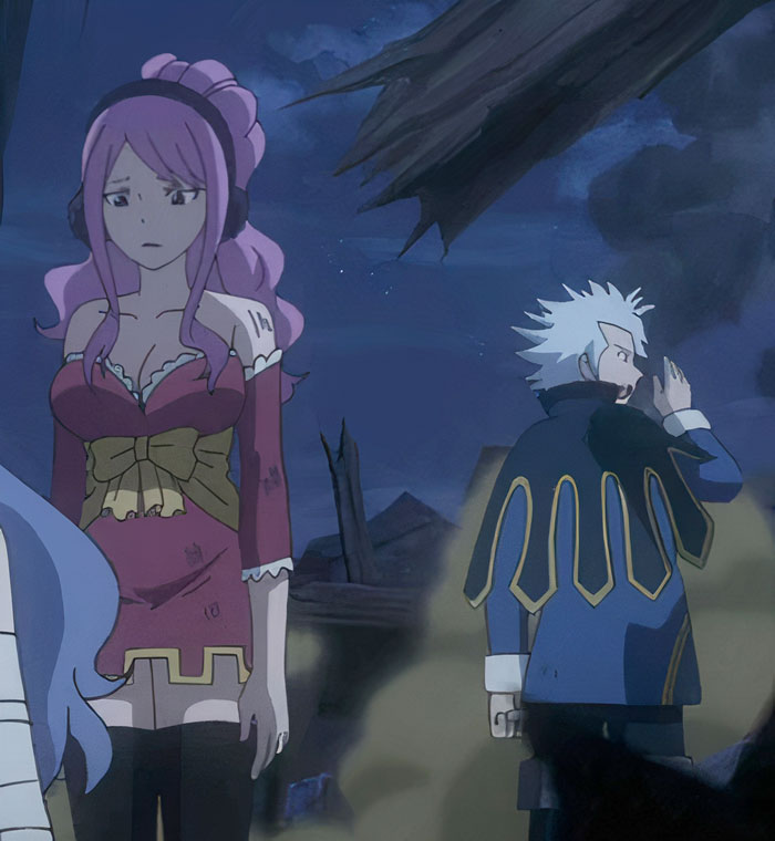 A cute anime couple standing back-to-back in a dramatic, stormy setting.