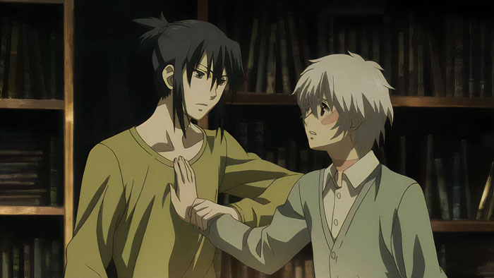 Two cute anime characters stand closely in a dimly lit library, one gently touching the other's chest, exemplifying anime couples.