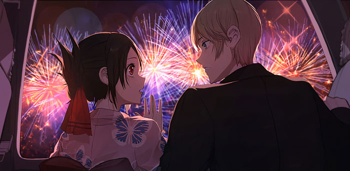 Anime couple enjoying fireworks display, depicting one of the cutest anime couples in a vibrant setting.