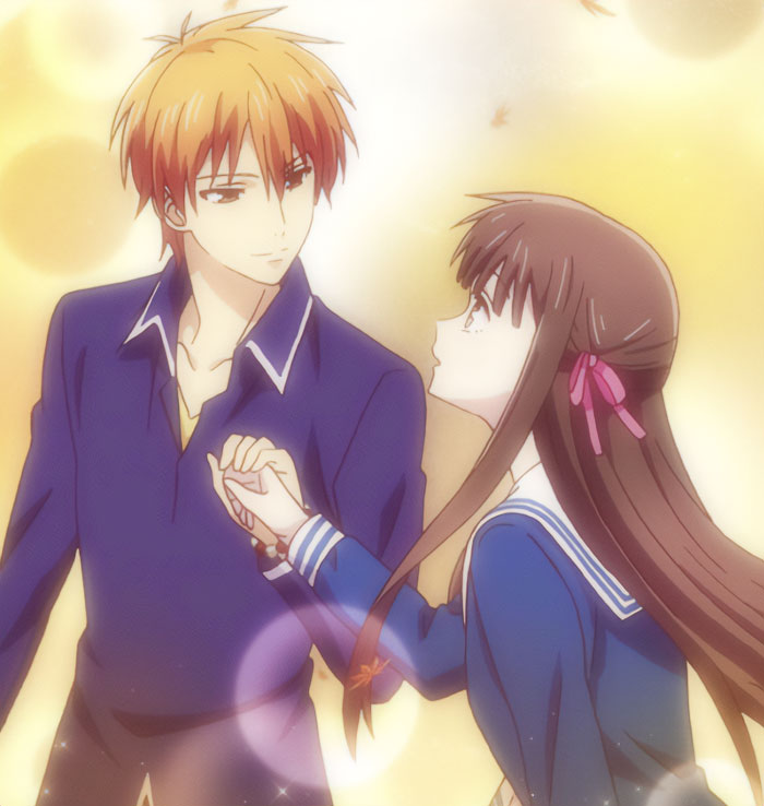 Cute anime couple gazing at each other, holding hands, with a soft golden glow in the background.