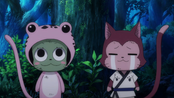 Two cute anime characters with animal hats standing in a forest setting.