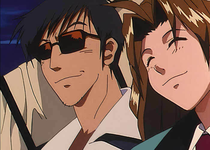 Anime couple smiling contently, one wearing sunglasses, embodying cuteness and warmth.