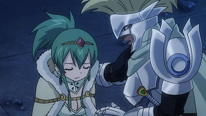 Anime couple sharing an emotional moment; the knight comforts the girl with green hair, showcasing cutest anime couples.