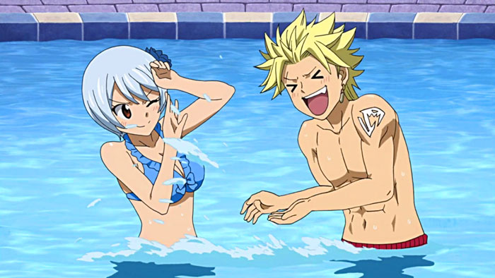 Cute anime couple playing in a pool, enjoying a sunny day together.