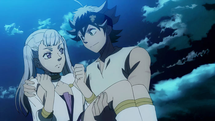 Anime couple standing under a cloudy night sky, gazing into each other's eyes, showcasing their bond.