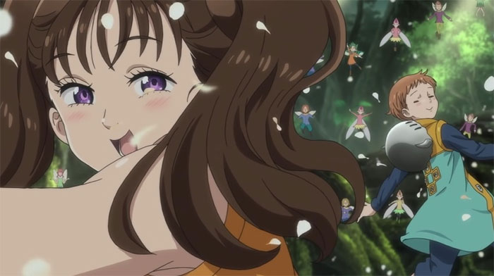 Two cute anime characters in a forest setting surrounded by small colorful creatures.