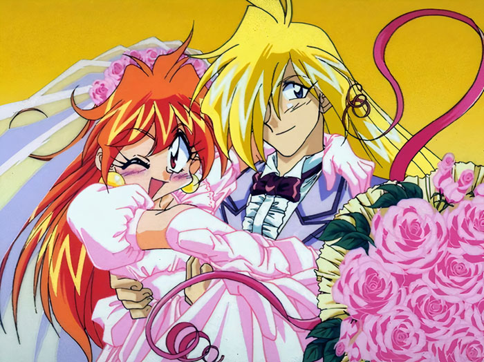 Cute anime couple posing together in vibrant attire with a bouquet of pink roses.
