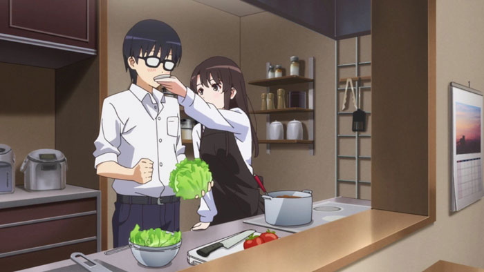Anime couple cooking together in a cozy kitchen, sharing a tender moment.