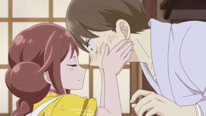 Anime couple sharing a tender moment, blushing as they gaze into each other's eyes.