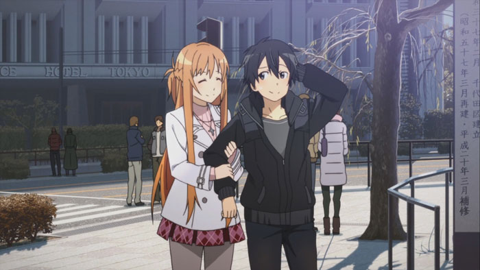 Cute anime couple walking together arm in arm on a city street.