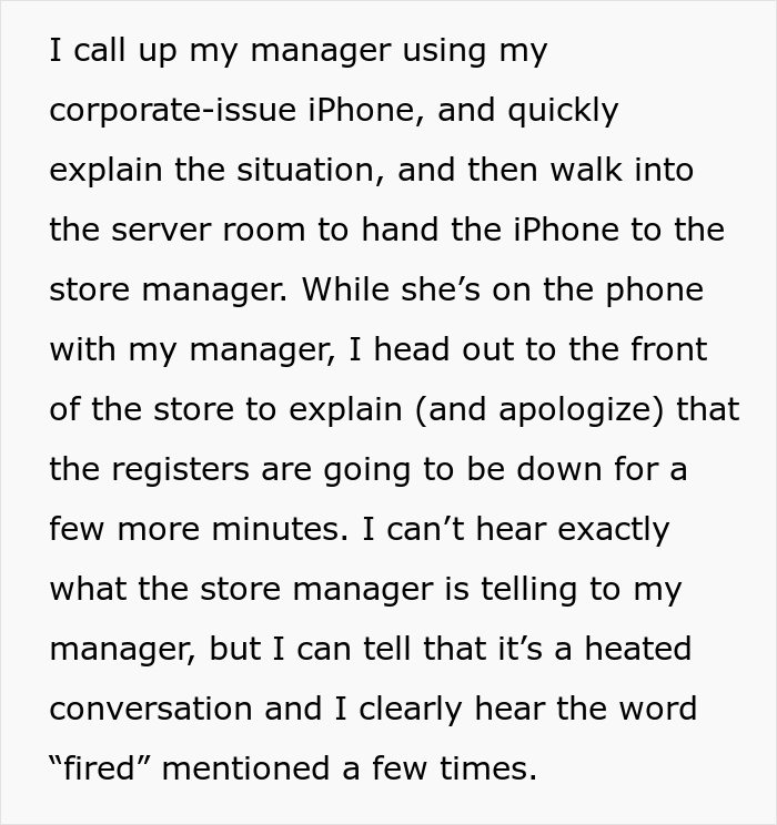 Store Manager Thinks The IT Guy Has No Right To Disrupt Her Lunch Break, Calls His Boss To Report On Him, Gets Fired Herself Instead