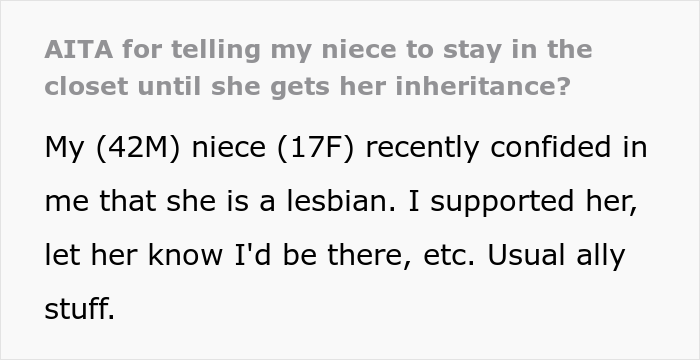 Teen Would Lose $7M If She Came Out As Gay, Uncle Asks If He Was A Jerk To Tell Her To Stay In The Closet