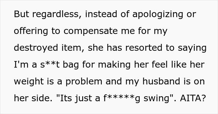 420ish Lbs Sister-In-Law Destroys Beloved Garden Swing After Being Asked Not To Sit In It Because Of Its Weight Limit, Family Drama Ensues