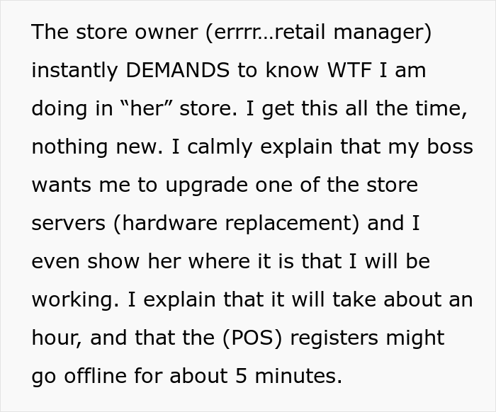 Store Manager Thinks The IT Guy Has No Right To Disrupt Her Lunch Break, Calls His Boss To Report On Him, Gets Fired Herself Instead