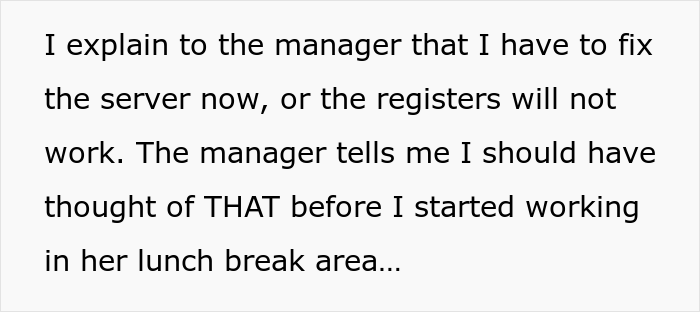 Store Manager Thinks The IT Guy Has No Right To Disrupt Her Lunch Break, Calls His Boss To Report On Him, Gets Fired Herself Instead