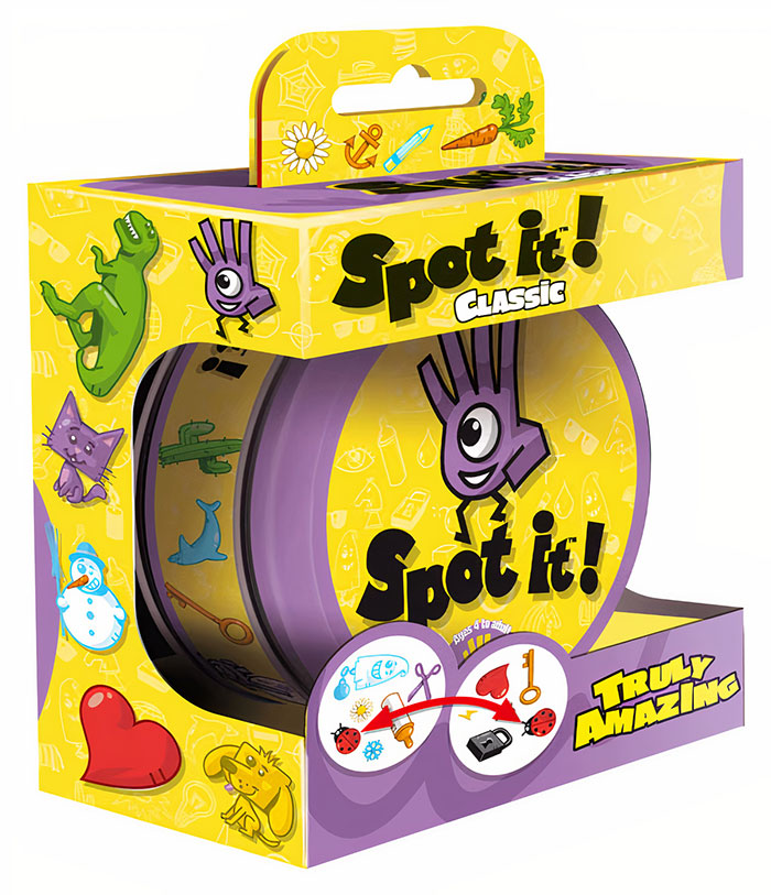 Spot It classic board game in bright yellow packaging with colorful icons, ideal for a fun night in with family and friends