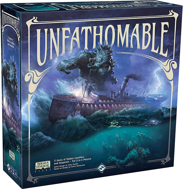 Unfathomable board game box featuring a sea monster attacking a ship, perfect for best board games to play on a night in.
