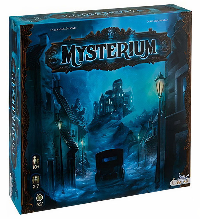 Mysterium board game box with a mysterious, dark blue night scene of a village and castle, ideal for a night in.