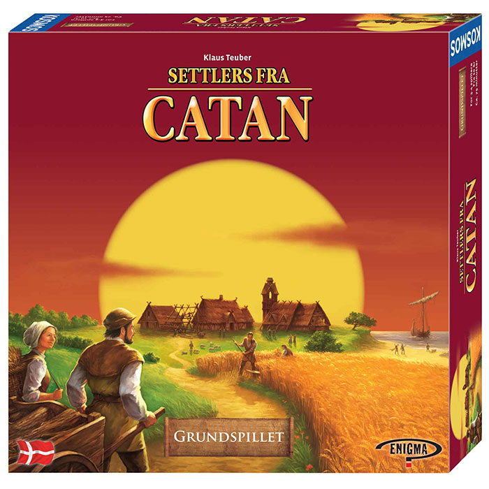 Settlers of Catan board game box with sunset scene, settlers, and village, best board games for a night in.