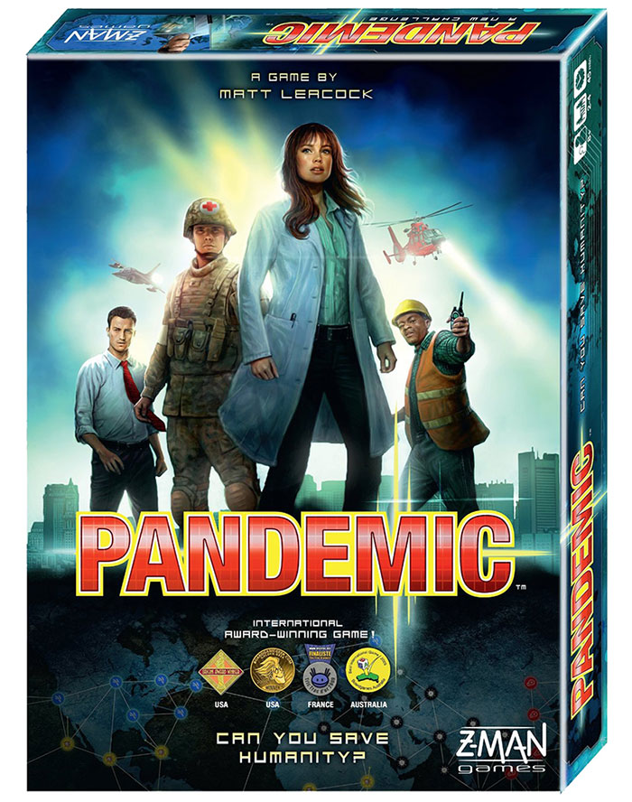 Pandemic board game box with characters depicting a medic, soldier, scientist, and rescue worker for night in play.