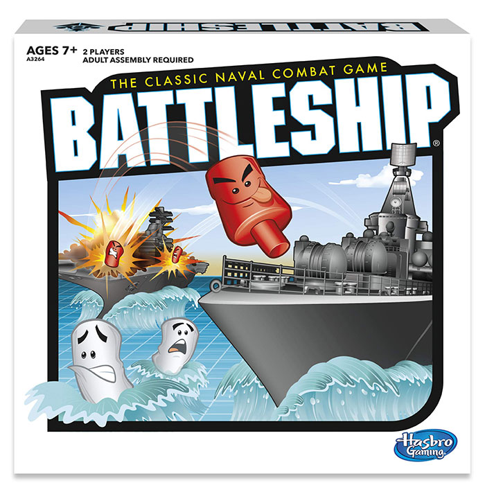 Battleship board game box featuring naval battle scene with ships, animated pegs, and waves, a best board game for a night in.